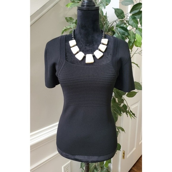 Cable & Gauge Tops - Cable & Gauge Women's Black Solid Polyester Square Neck Short Sleeve Blouse S
